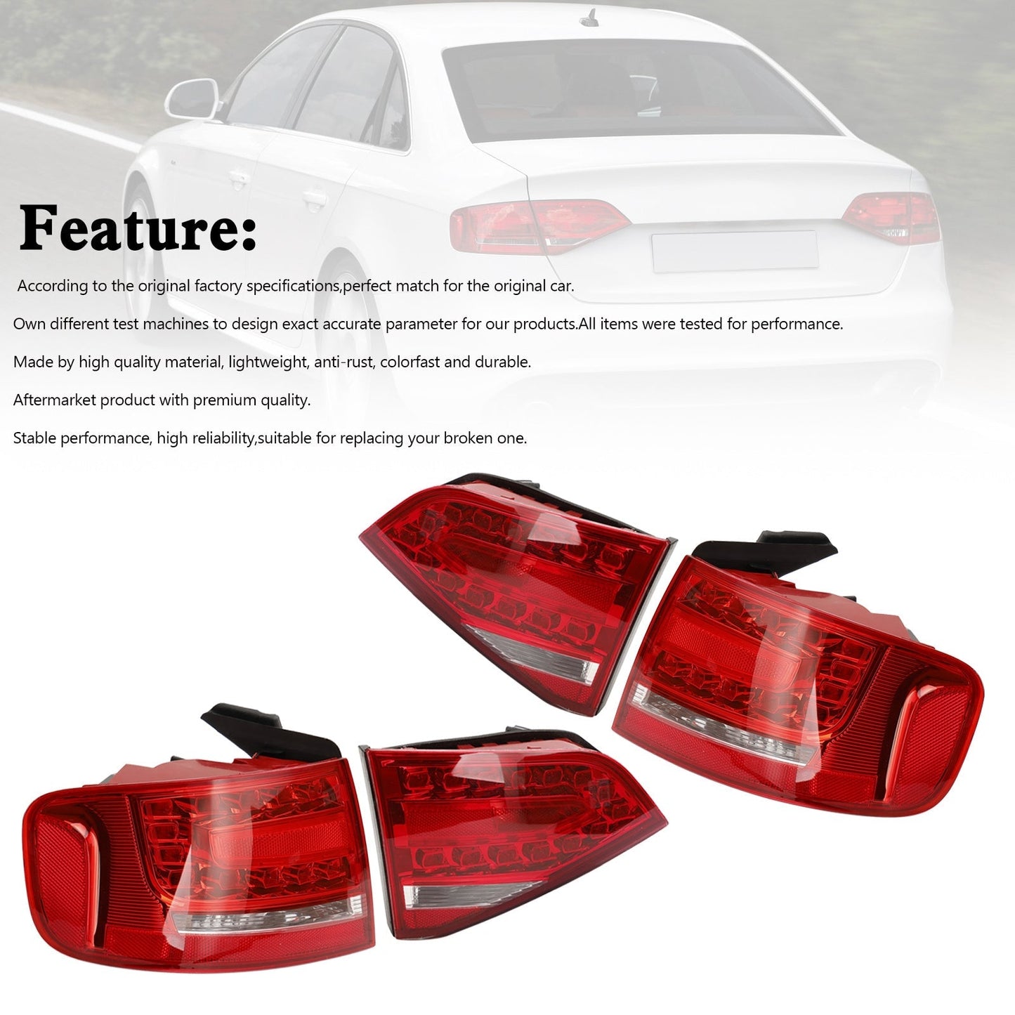 2009-2012 Audi A4 S4 Sedan A4 4PCS Outer+Inner Trunk LED Tail Light Lamp 8K5945093K 8K5945096K