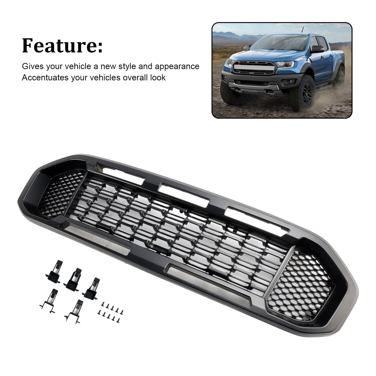2019-2023 Ford Ranger Front Bumper Grill Raptor / Honeycomb / Mesh Style Black Grille