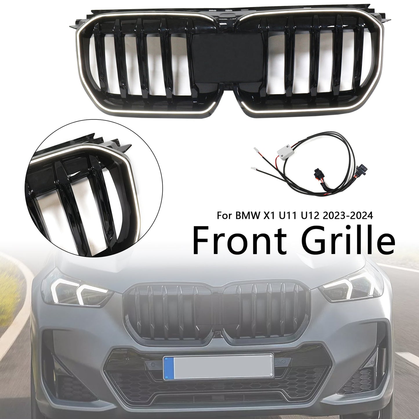 2023-2024 Gloss Black Front Bumper Kidney Grill Grille Fit BMW X1 U11 U12