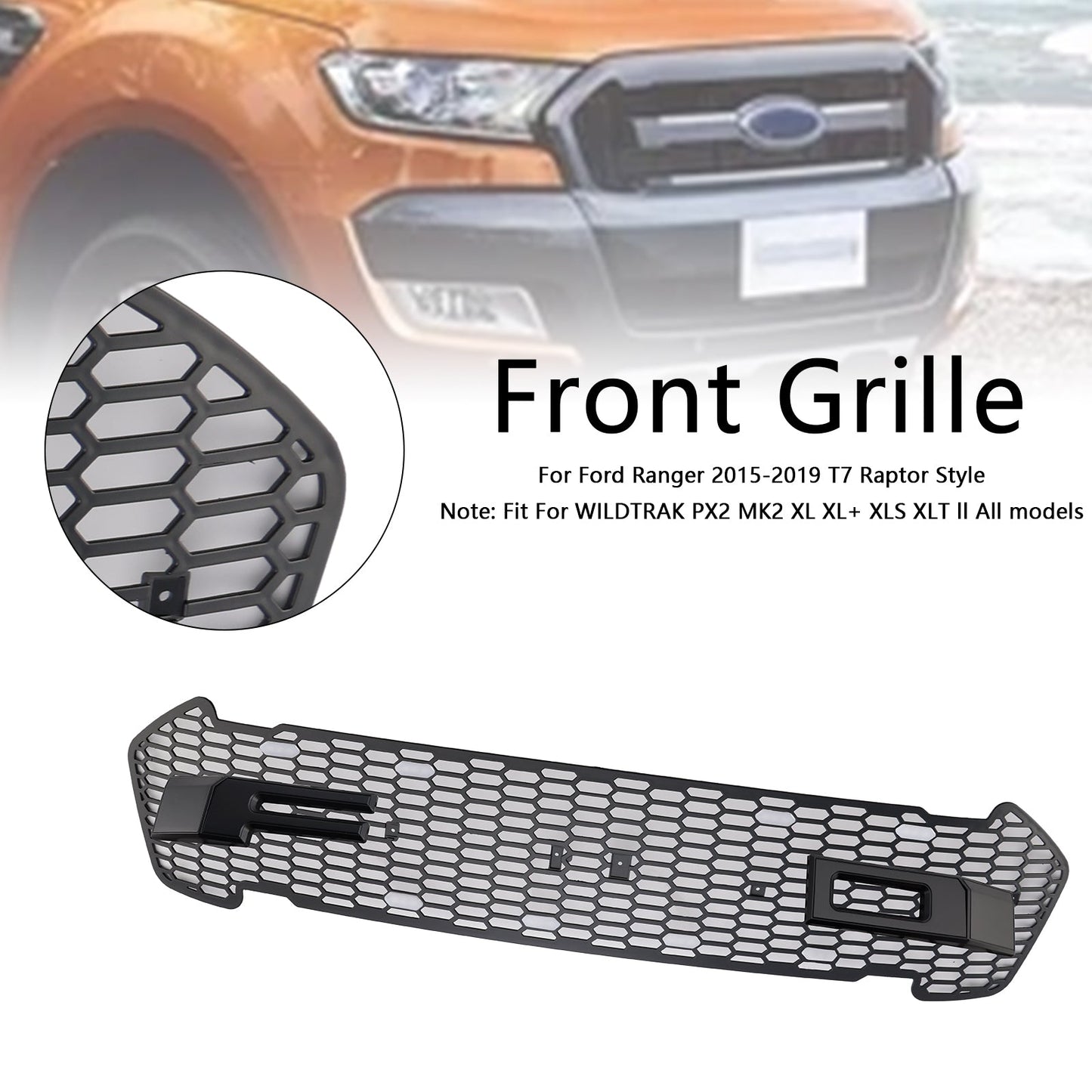 2015-2019 Matte Black Front Bumper Grill Grille Fit Ford Ranger T7 W/LED