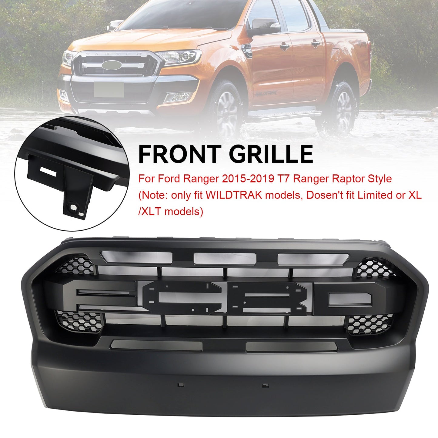 Ford Ranger 2015-2019 T7 Ranger Raptor Style Matt Black Front Bumper Grill