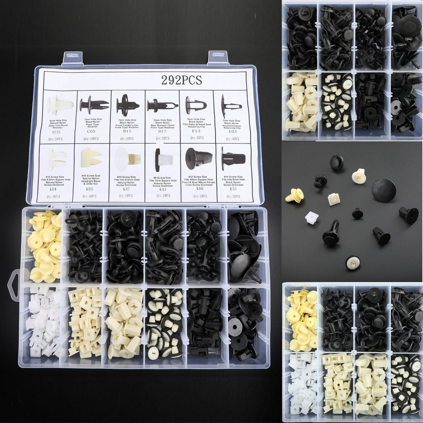 Surtido de 292 clips para molduras de parachoques, capó y guardabarros, y destornillador.