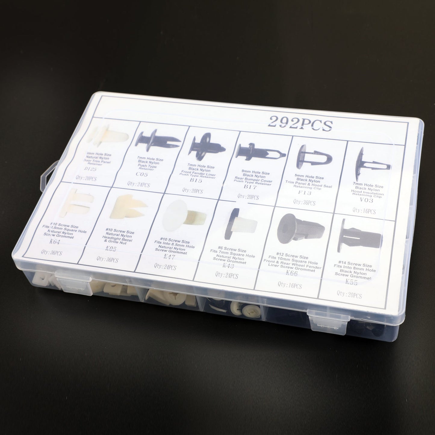 Surtido de 292 clips para molduras de parachoques, capó y guardabarros, y destornillador.