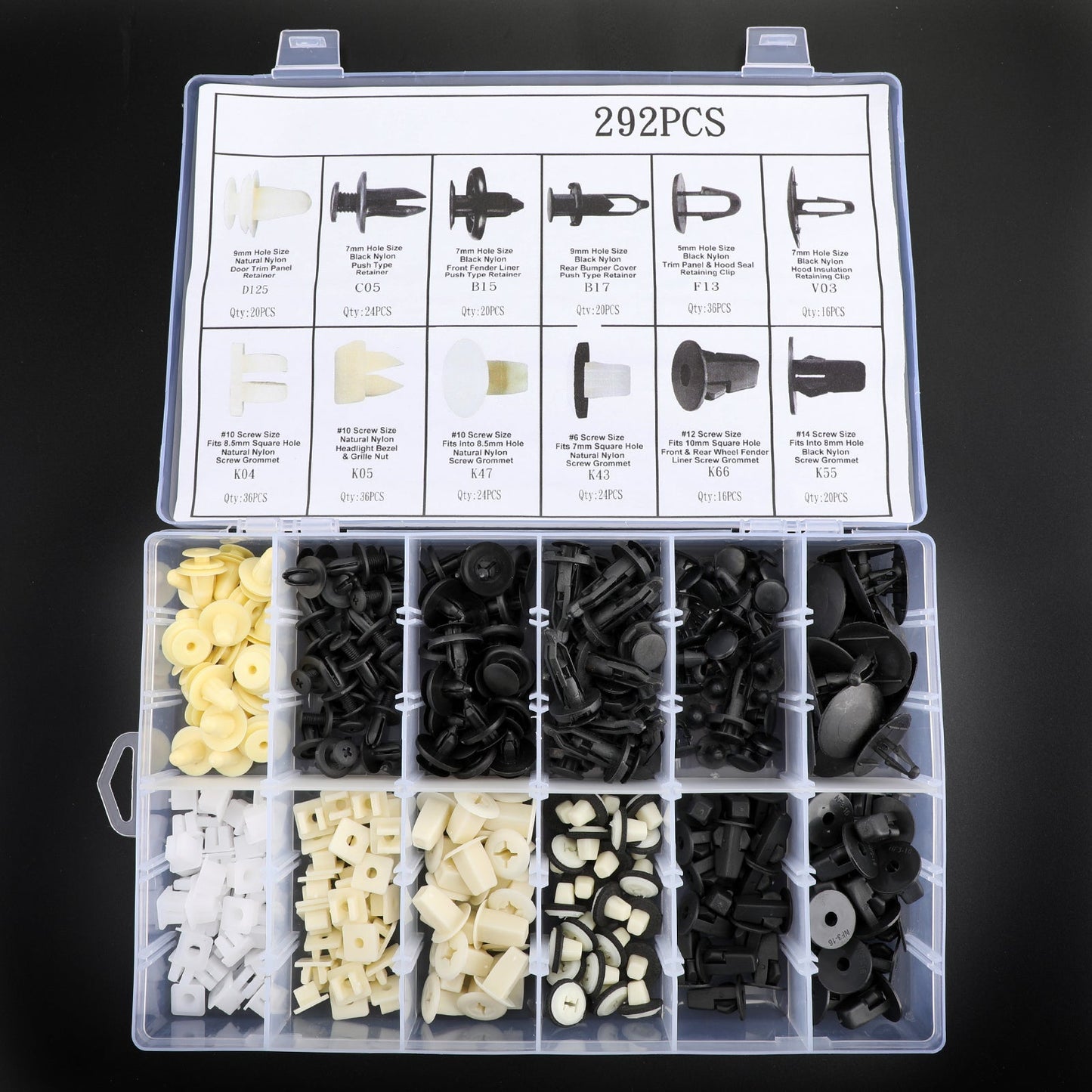 Surtido de 292 clips para molduras de parachoques, capó y guardabarros, y destornillador.