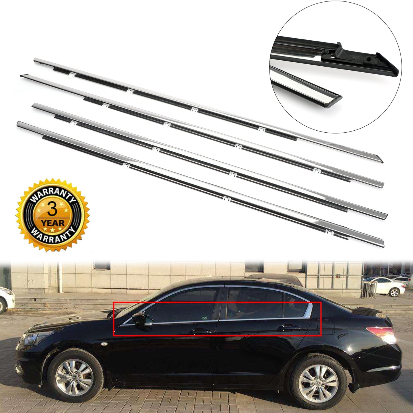 2008-2012 Accord 4pcs Chrome Weatherstrip Window Moulding Trim Seal Belt 72410-TA0-A01