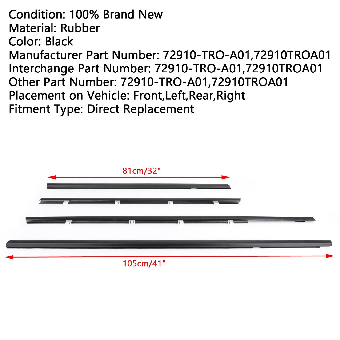 2012-2015 Honda Civic 4pcs Car Weatherstrip Window Moulding Trim Seal Belt 72910-TRO-A01