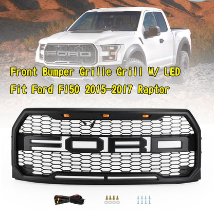 2015-2017 Ford F150 Front Bumper Replacement Black Grille W/ LED & Letter Raptor Style Grill
