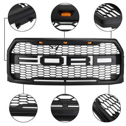 2015-2017 Ford F150 Front Bumper Replacement Black Grille W/ LED & Letter Raptor Style Grill
