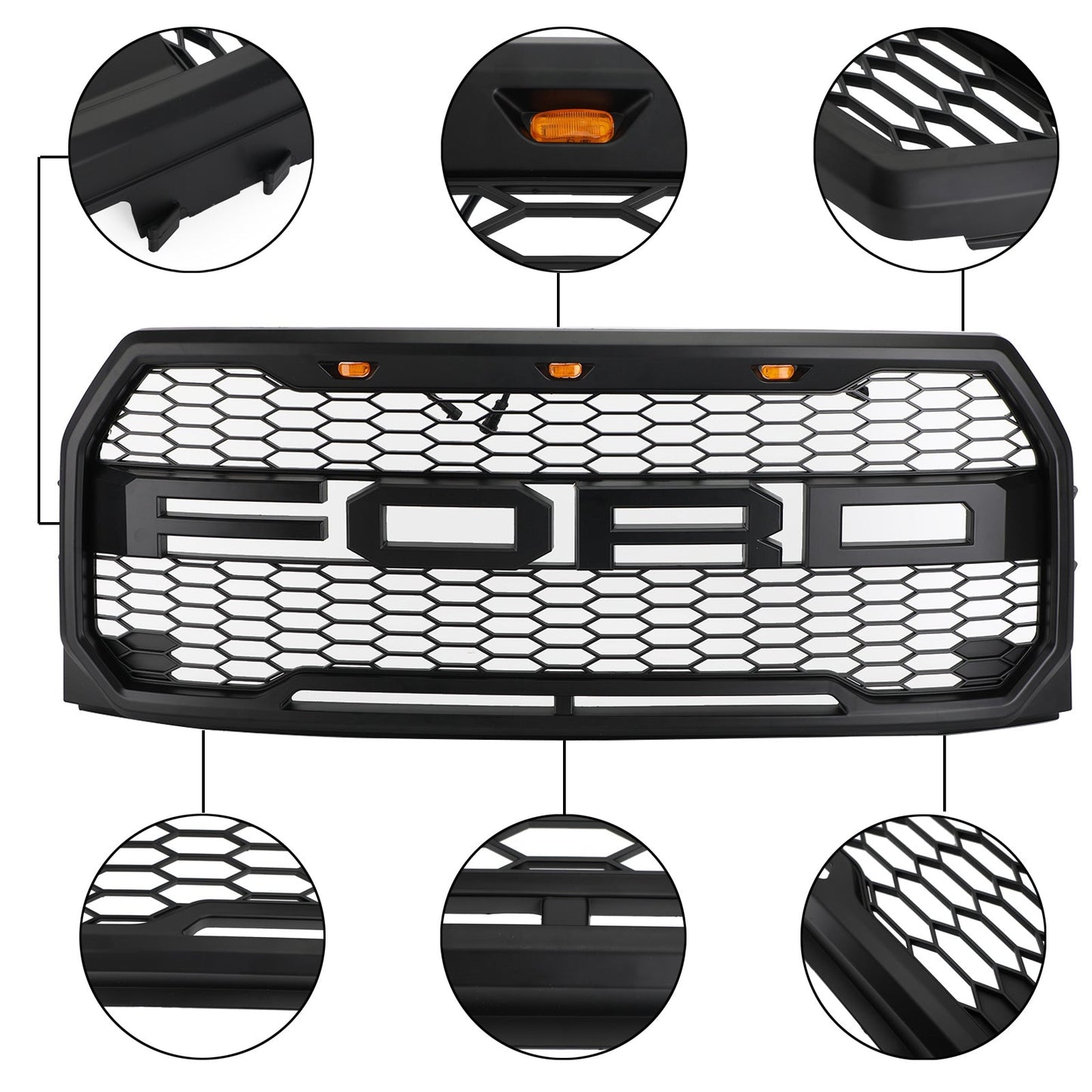2015-2017 Ford F150 Front Black Grille Upper Bumper Honeycomb Raptor Grill W/ LED