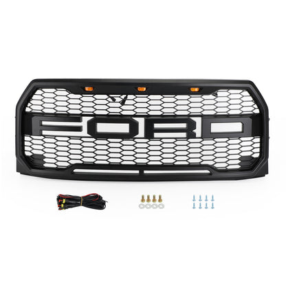 2015-2017 Ford F150 Front Bumper Replacement Black Grille W/ LED & Letter Raptor Style Grill