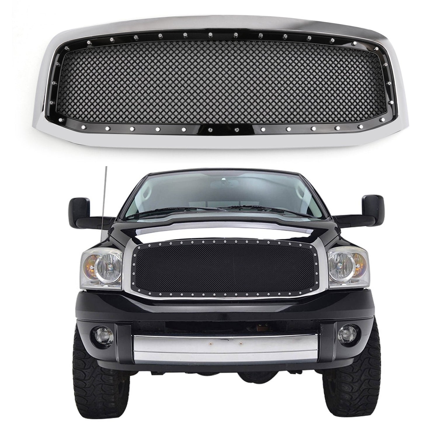 2006-2008 Ram 1500 2500 3500 Dodge Mesh Rivet Grill Replacement Front Hood Grille Black/Chrome Generic