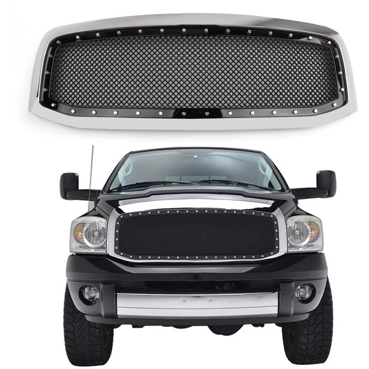 2006-2008 Ram 1500 2500 3500 Dodge Mesh Rivet Grill Replacement Front Hood Grille Black/Chrome Generic