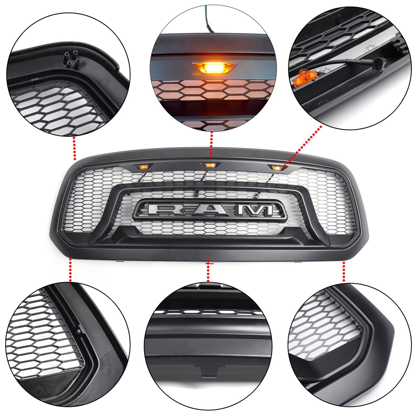 2013-2018 Rebel Style Dodge Ram 1500 Matte Black Front Grill Air Intake Radiator Bumper Grille + LED Light