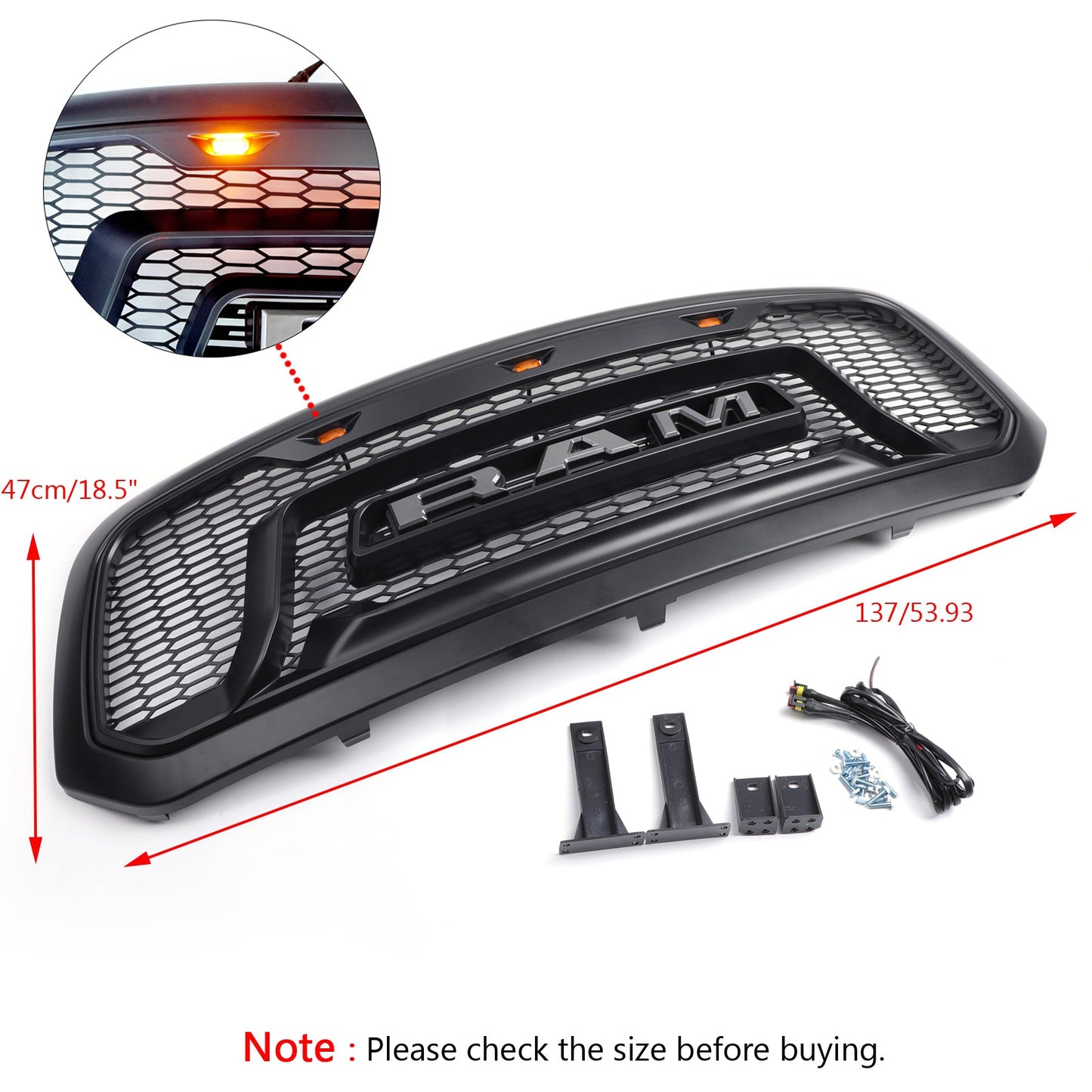 2013-2018 Rebel Style Dodge Ram 1500 Matte Black Front Grill Air Intake Radiator Bumper Grille + LED Light