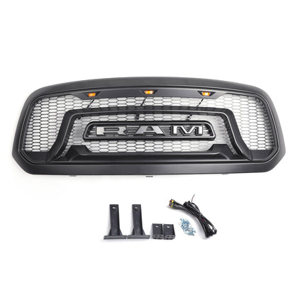 2013-2018 Dodge Ram 1500 Big Horn / Rebel Style Front Bumper Grill Black Replacement Grille W/ LED Light