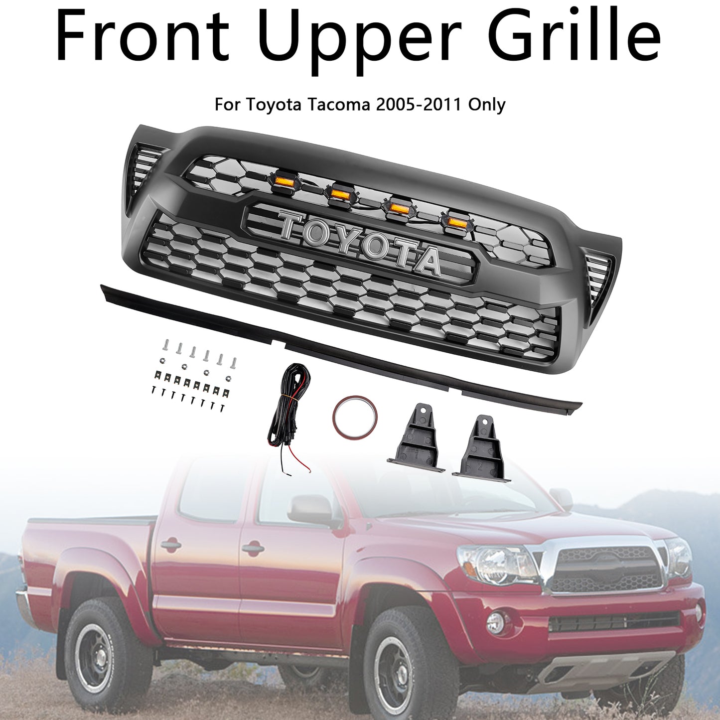 2005-2011 Toyota Tacoma TRD PRO Style Grill Front Bumper Matte Black Grille W/ LED Light