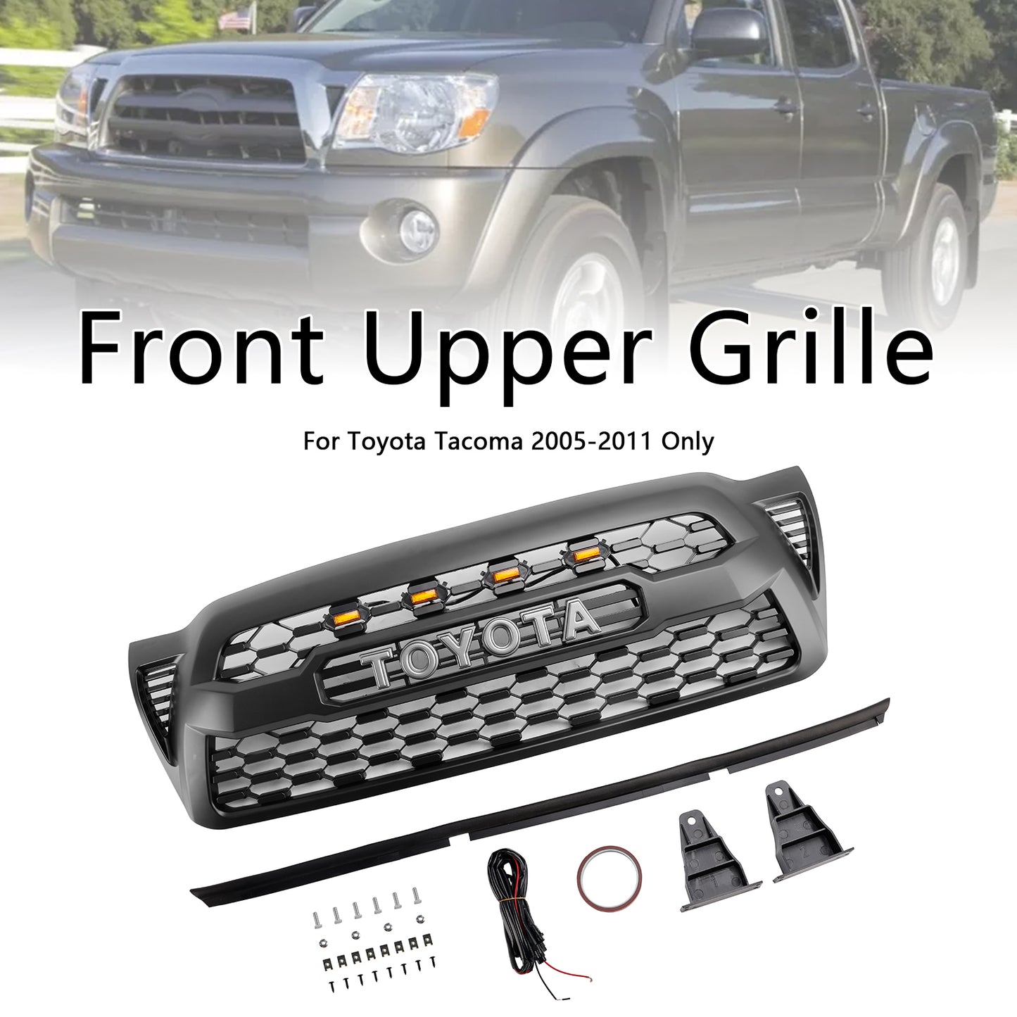 2005-2011 Toyota Tacoma TRD PRO Style Grill Front Bumper Matte Black Grille W/ LED Light