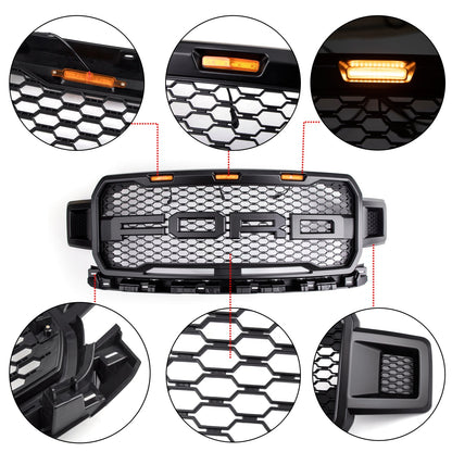 Ford F150 2018-2020 XLT/Lariat/Platinum/King Ranch front bumber Grill W/ LED Black Raptor Style Grille
