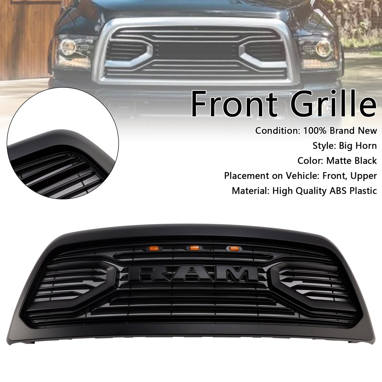 2013-2018 Dodgae Ram 2500/3500 Big-Horn Style Grill Front Bumper Matte Black Replacement Grille W/ LED Light