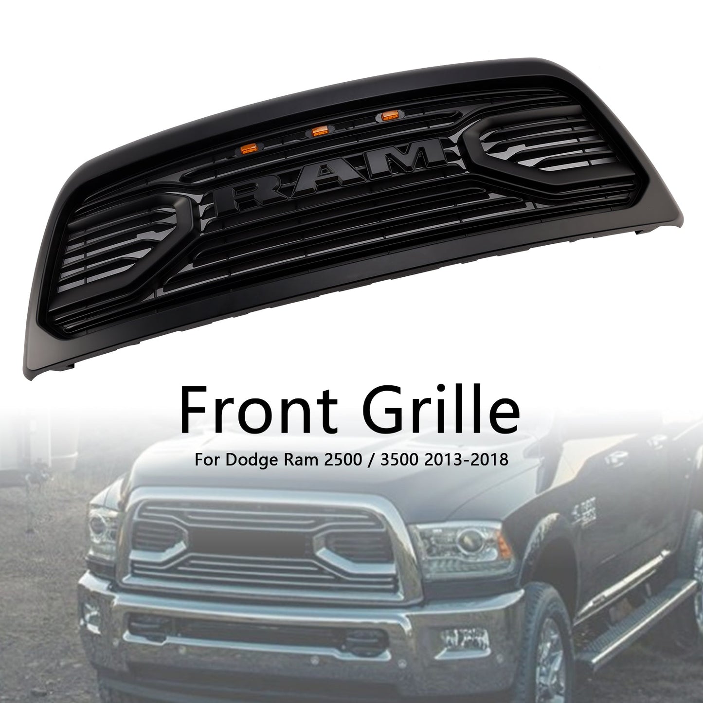 Dodgae Ram 2500/3500 2013-2018 Black Front Grill Upper Bumper Big-Horn Style Grille With LED Light