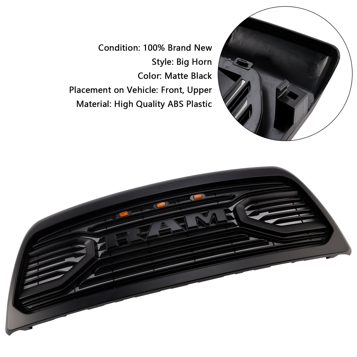 2013-2018 Dodgae Ram 2500/3500 Big-Horn Style Grill Front Bumper Matte Black Replacement Grille W/ LED Light