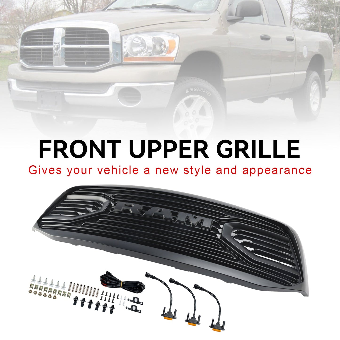 2006-2008 Dodge Ram 1500 2500 3500 Big Horn Black Grill Air Intake Radiator Bumper Front Grille W/ LED Light