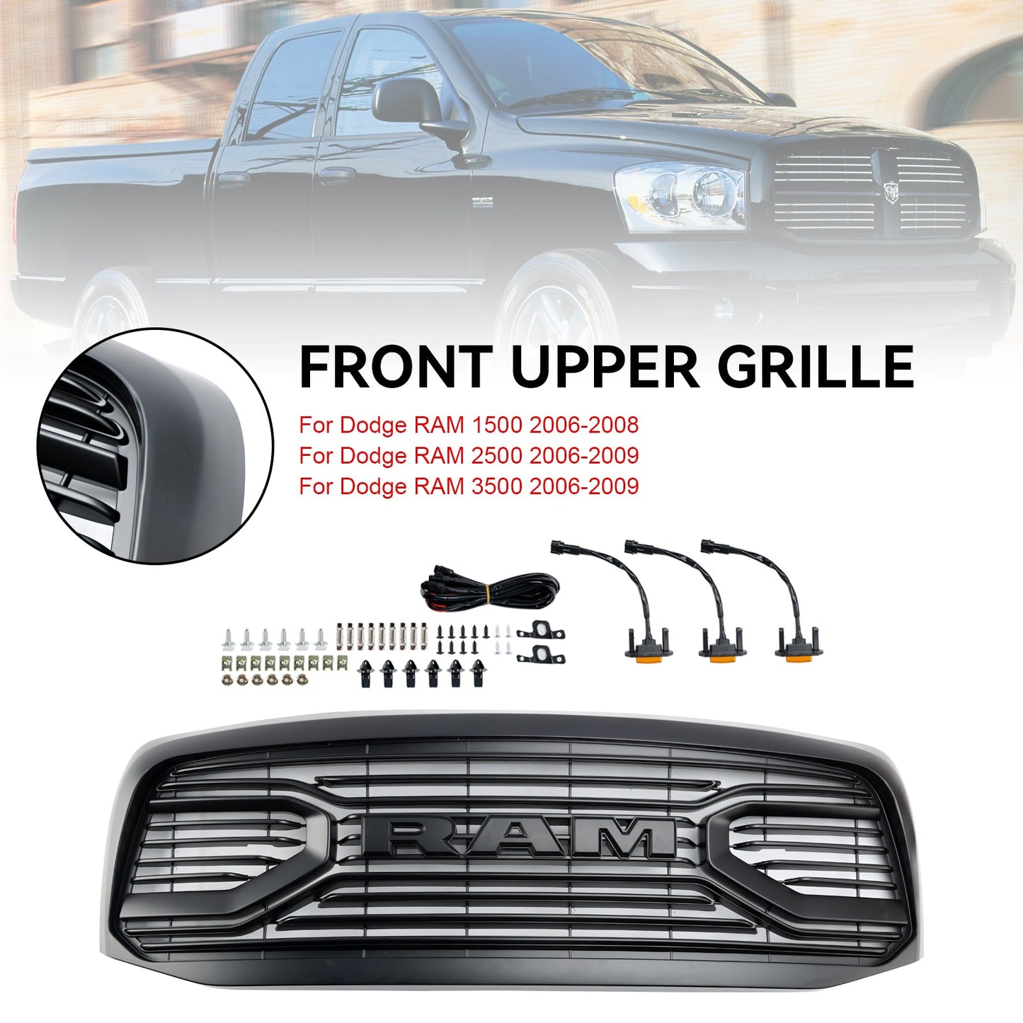 2006-2008 Dodge Ram 1500 2500 3500 Big Horn Black Grill Air Intake Radiator Bumper Front Grille W/ LED Light