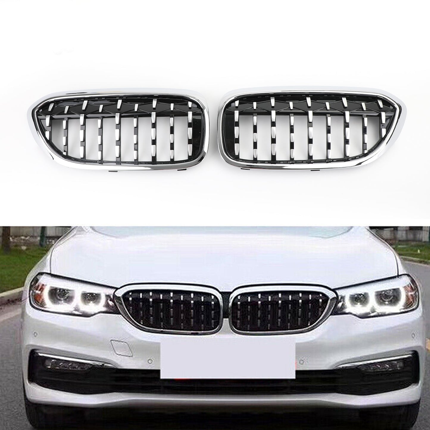 2017-2019 BMW G30 G38 5 Series 520i, 523i, 528i, 530i, 535i, 550i, 520d, 530d etc Black & Chrome Diamond Style Front Grill Generic