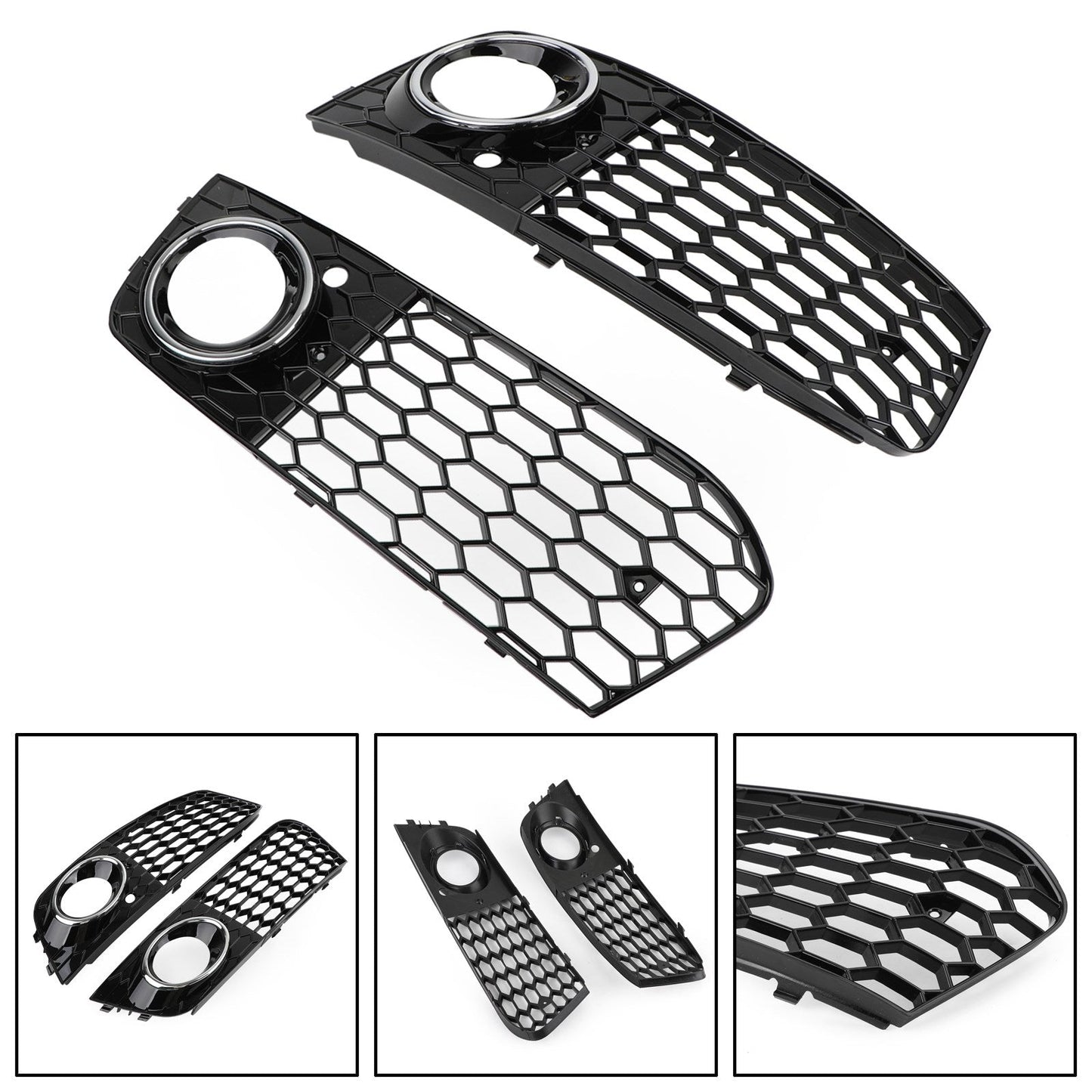 2008-2012 Audi A4 / A4 Avant B8 RS4 Style Honeycomb Mesh Hex Grill Gloss Black Grille + Fog Light Grille