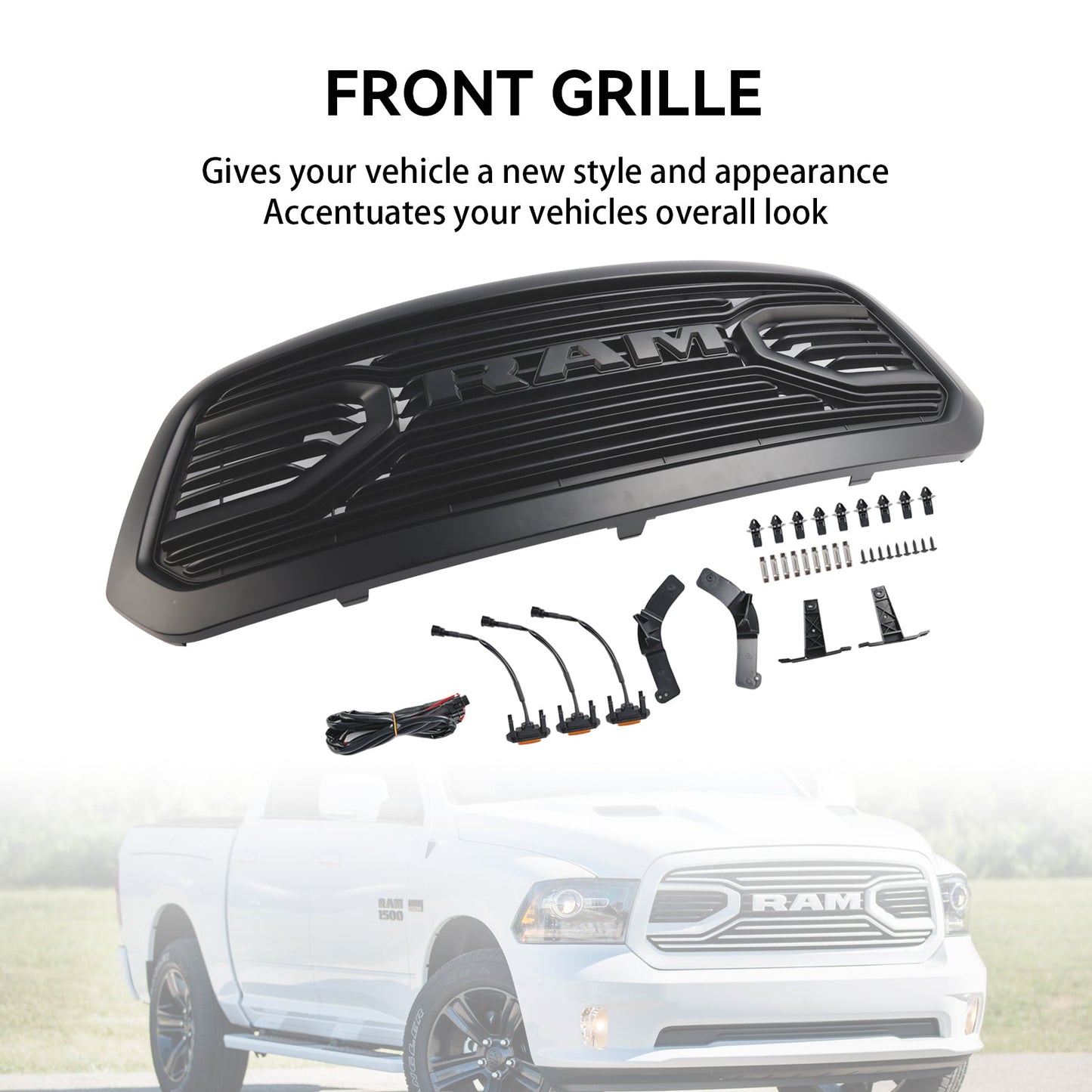 2013-2018 Dodge Ram 1500 Big Horn / Rebel Style Front Bumper Grill Black Replacement Grille W/ LED Light