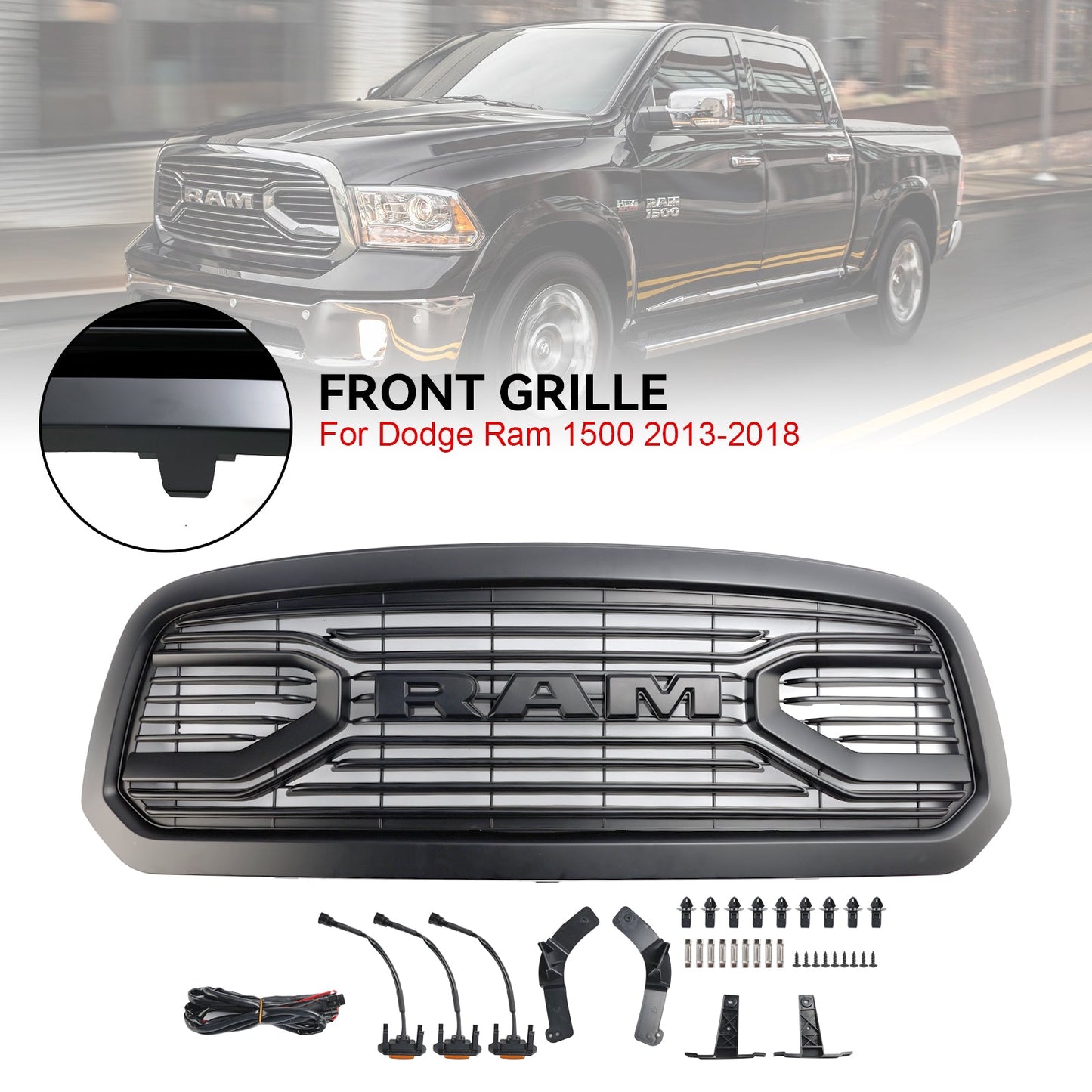 2013-2018 Dodge Ram 1500 Big Horn / Rebel Style Front Bumper Grill Black Replacement Grille W/ LED Light