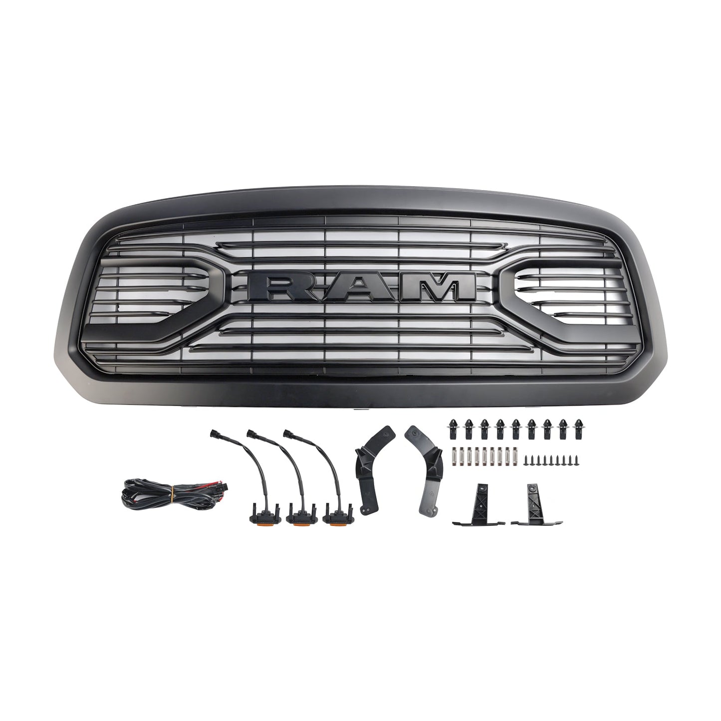 2013-2018 Dodge Ram 1500 Big Horn / Rebel Style Front Bumper Grill Black Replacement Grille W/ LED Light