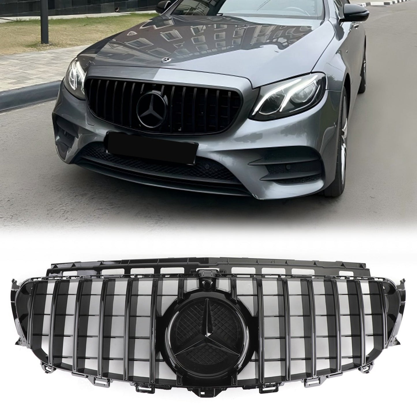 2016-2019 Mercedes Benz W213 E-Class Front Bumper Grill GTR Style Glossy Black Grille W/ Star Emblem & AMG Emblem