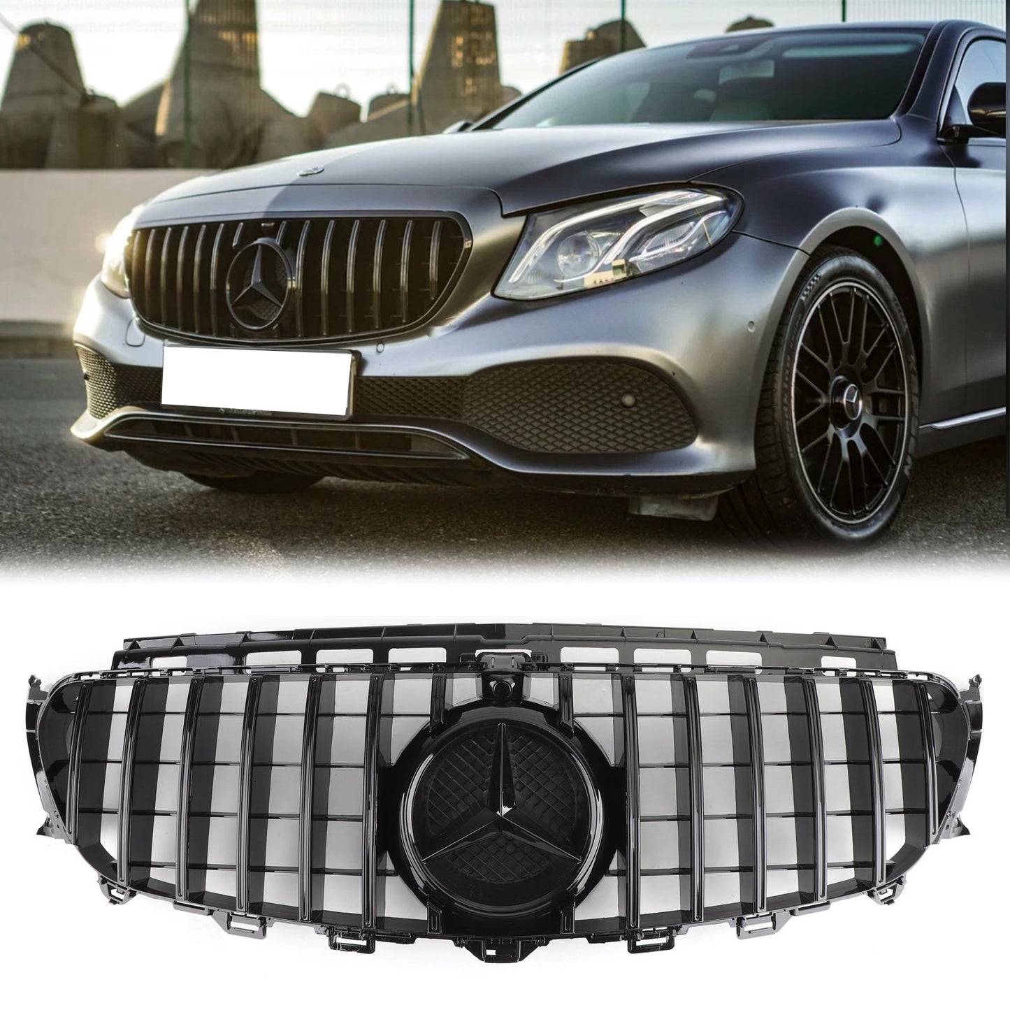 2016-2019 Mercedes Benz W213 E-Class Front Bumper Grill GTR Style Glossy Black Grille W/ Star Emblem & AMG Emblem