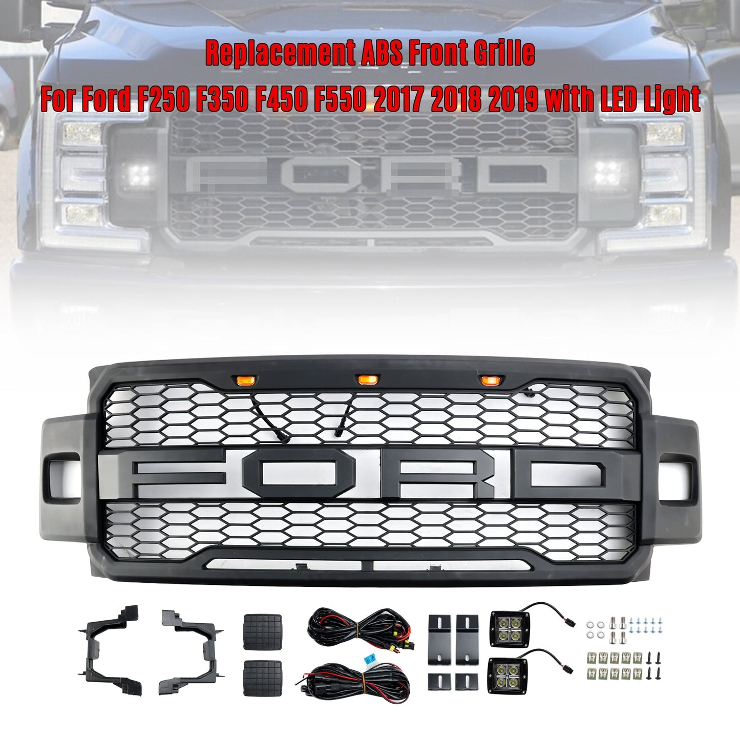 2017-2019 Ford F250 F350 F450 Raptor Style Front Bumper Grill with LED Light Generic