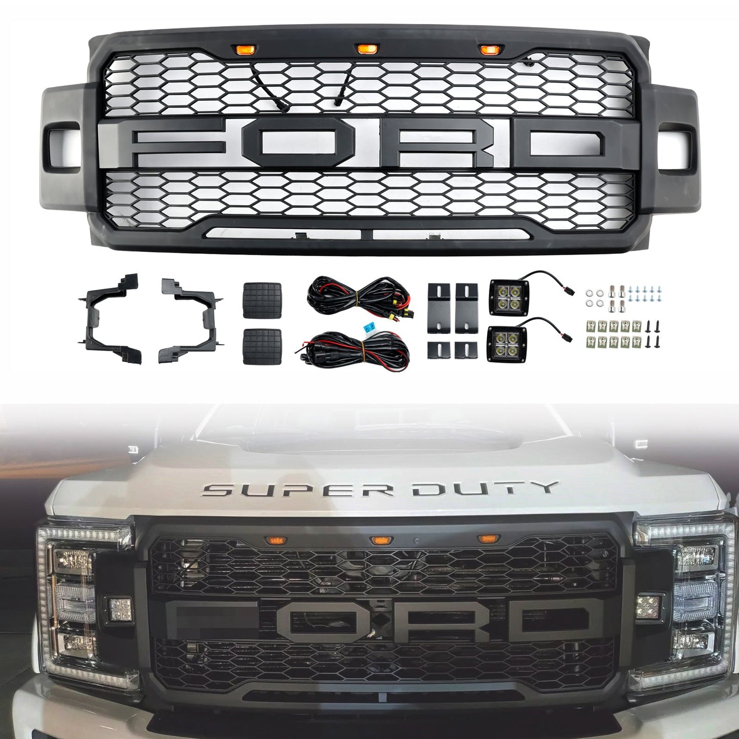 Raptor Grille For 2017-2019 Ford F250 / F350 / F450 / F550 Front Bumper Honeycomb Black Grill W/ LED & Letter