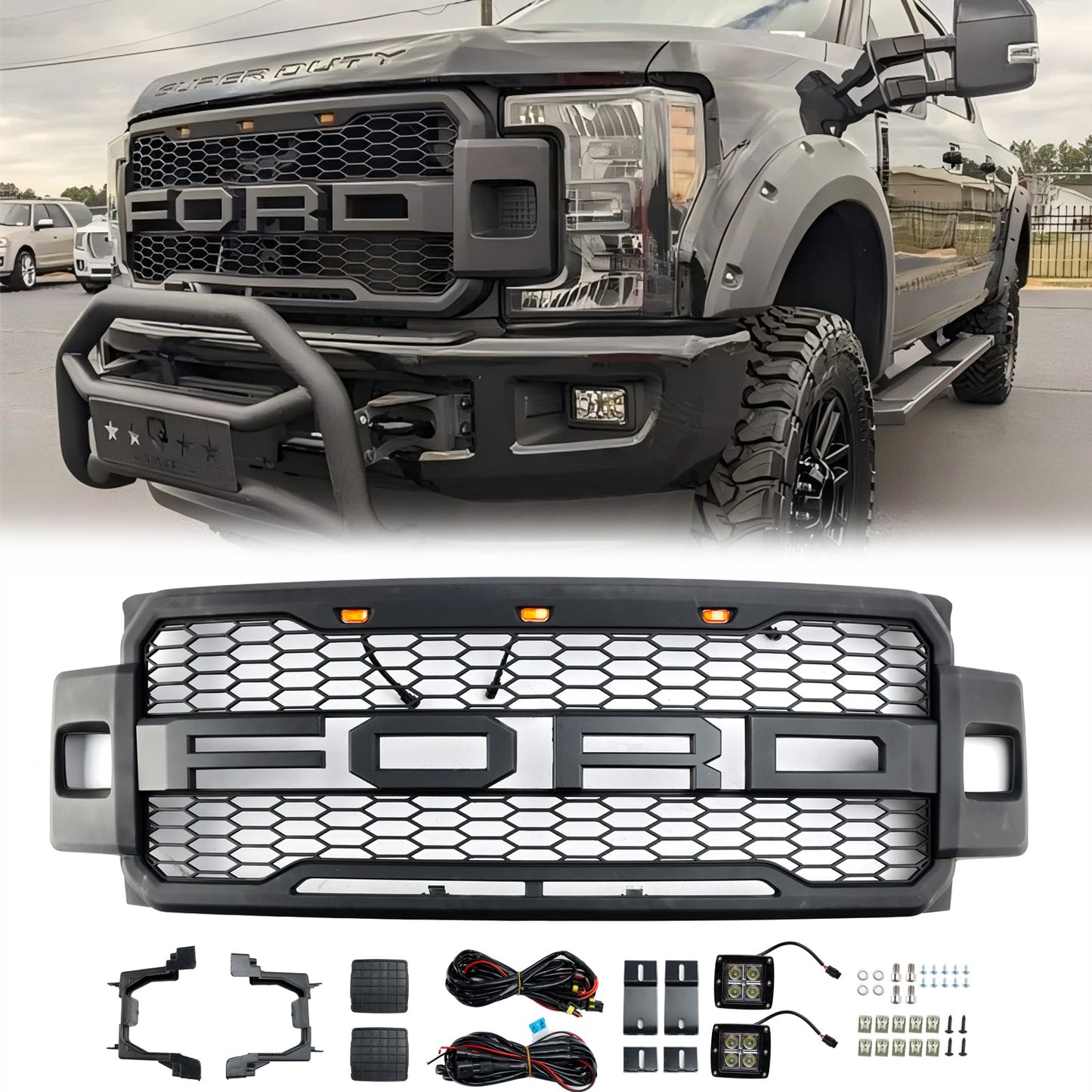 Raptor Grille For 2017-2019 Ford F250 / F350 / F450 / F550 Front Bumper Honeycomb Black Grill W/ LED & Letter