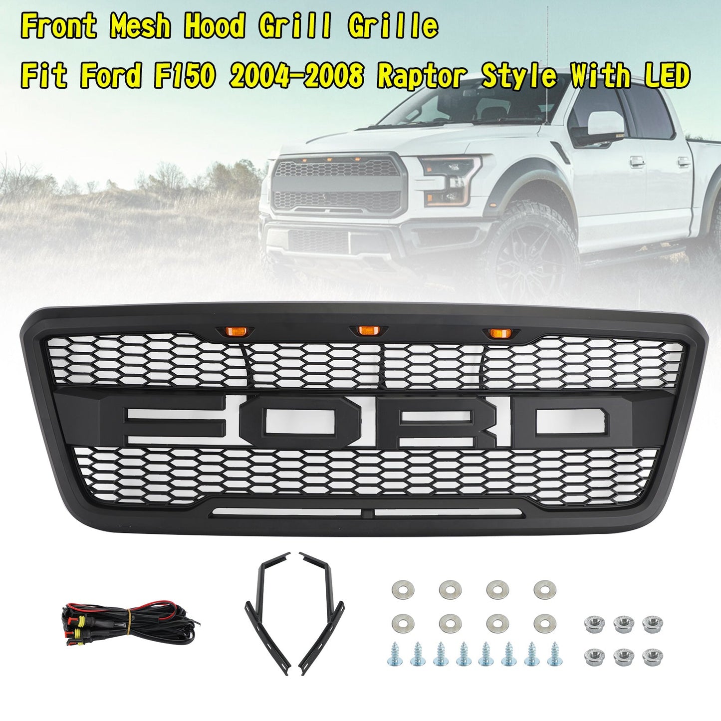 2004-2008 Ford F150 Raptor Style Grill Matte Black Front Bumper Replacement Grille W/ LED
