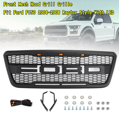 2004-2008 Ford F150 Raptor Style Grill Matte Black Front Bumper Replacement Grille W/ LED