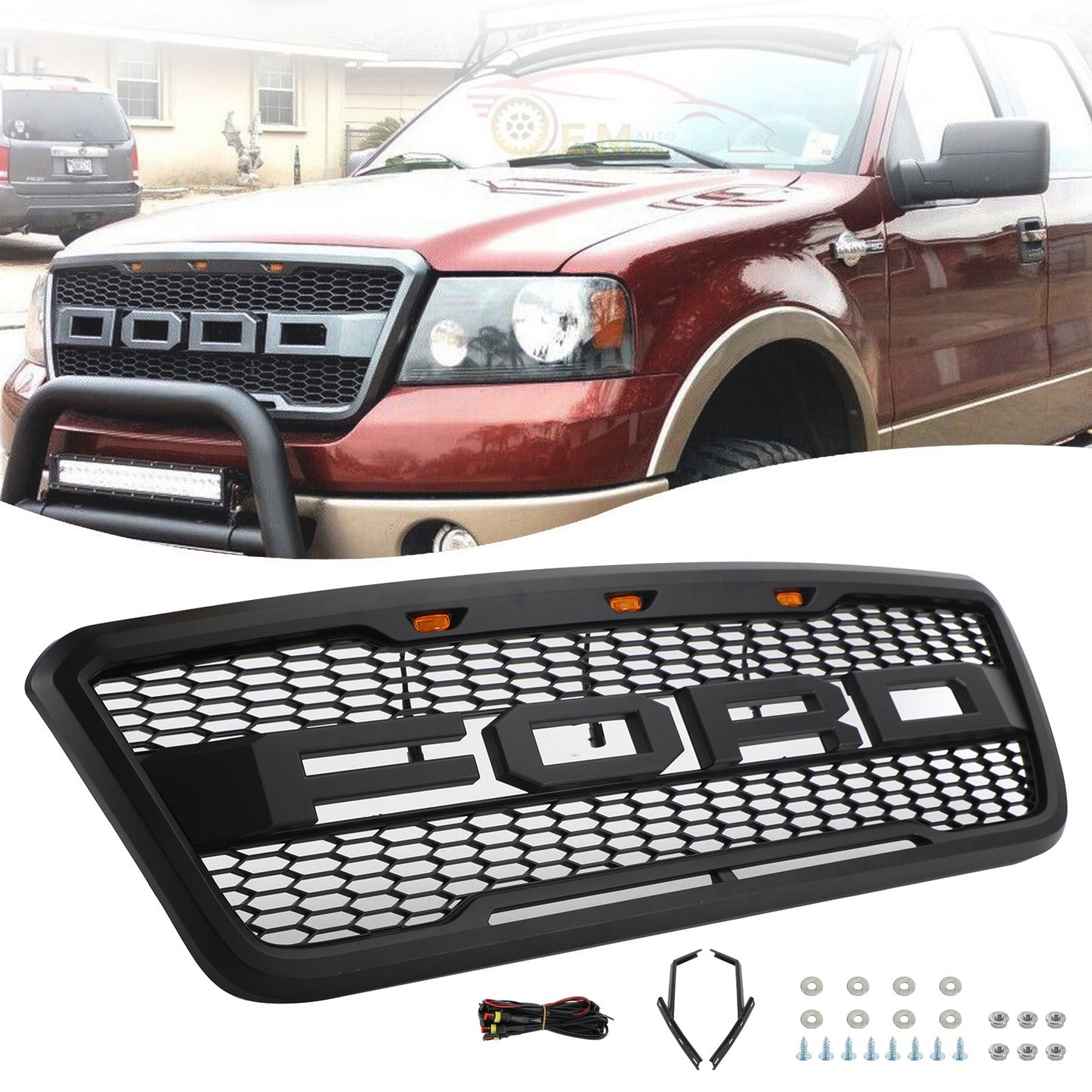 2004-2008 Ford F150 Raptor Style Grill Matte Black Front Bumper Replacement Grille W/ LED