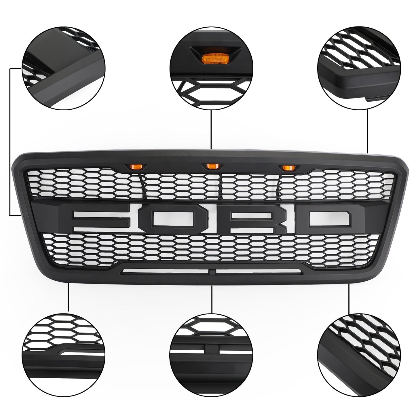 2004-2008 Ford F150 Raptor Front Grill Upper Bumber Honeycomb Black Grille With LED & Letter