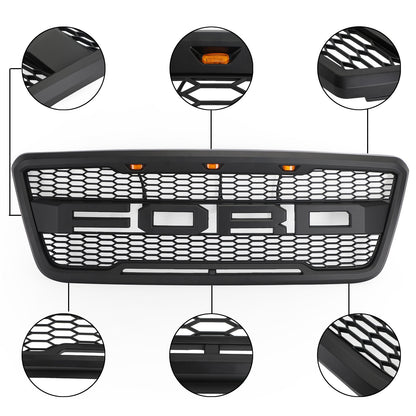 Ford F150 2004-2008 Front Bumper Black / Gray Grille W/LED & Letter Raptor Style Grille