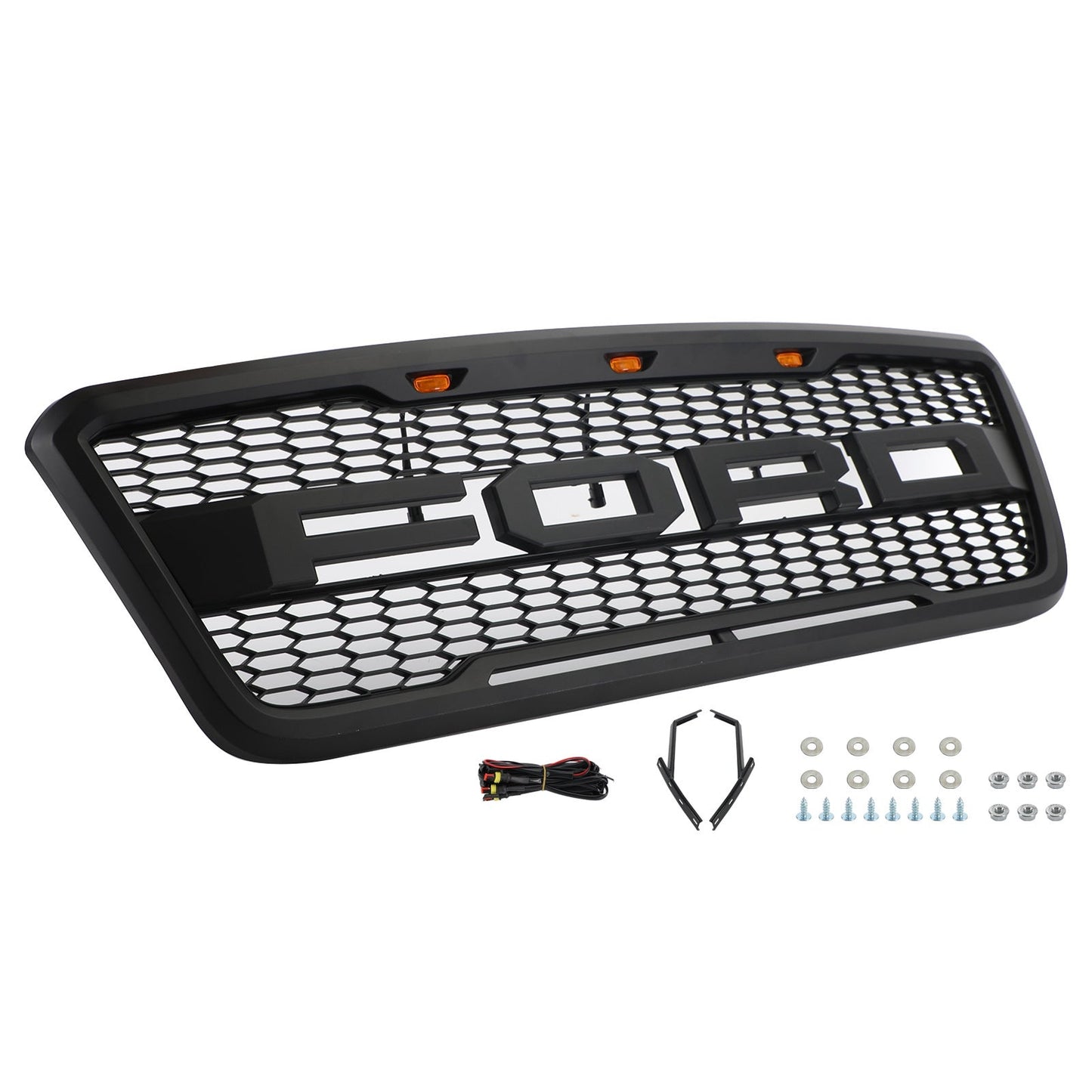 2004-2008 Ford F150 Raptor Front Grill Upper Bumber Honeycomb Black Grille With LED & Letter