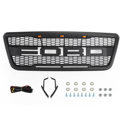 Ford F150 2004-2008 Front Bumper Black / Gray Grille W/LED & Letter Raptor Style Grille