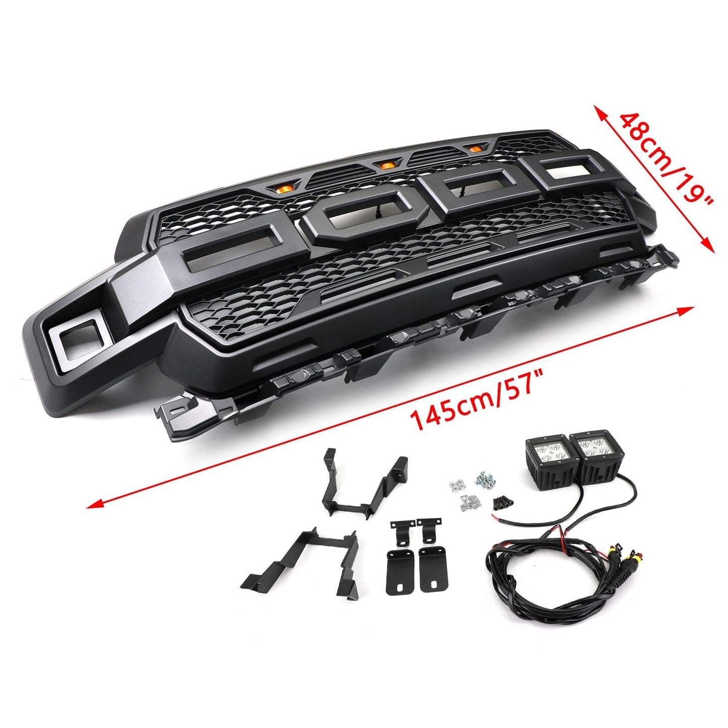 2018-2020 Ford F150 Front Bumper Replacement Black Grille W/ LED & Letter Raptor Grille