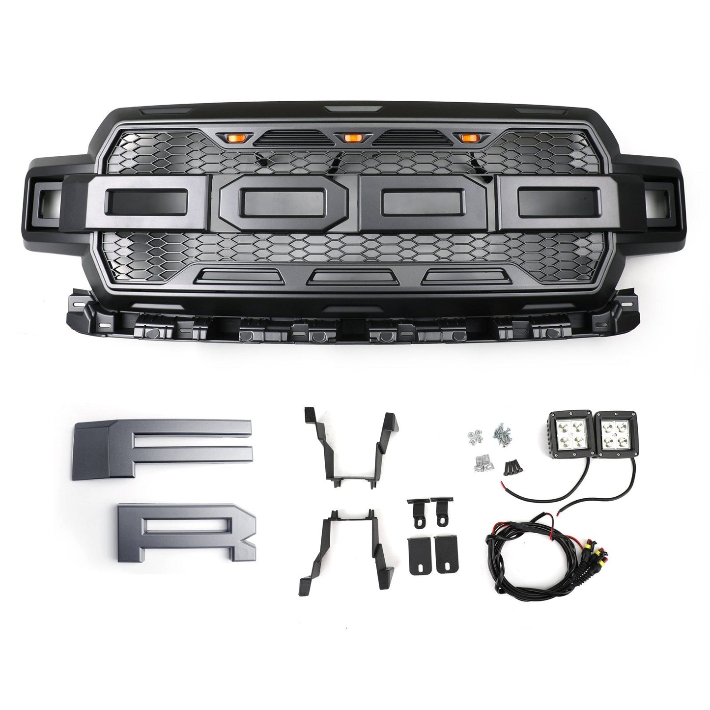 2018-2020 Ford F150 Front Bumper Replacement Black Grille W/ LED & Letter Raptor Grille