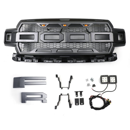 2018-2020 Ford F150 Front Bumper Replacement Black Grille W/ LED & Letter Raptor Grille