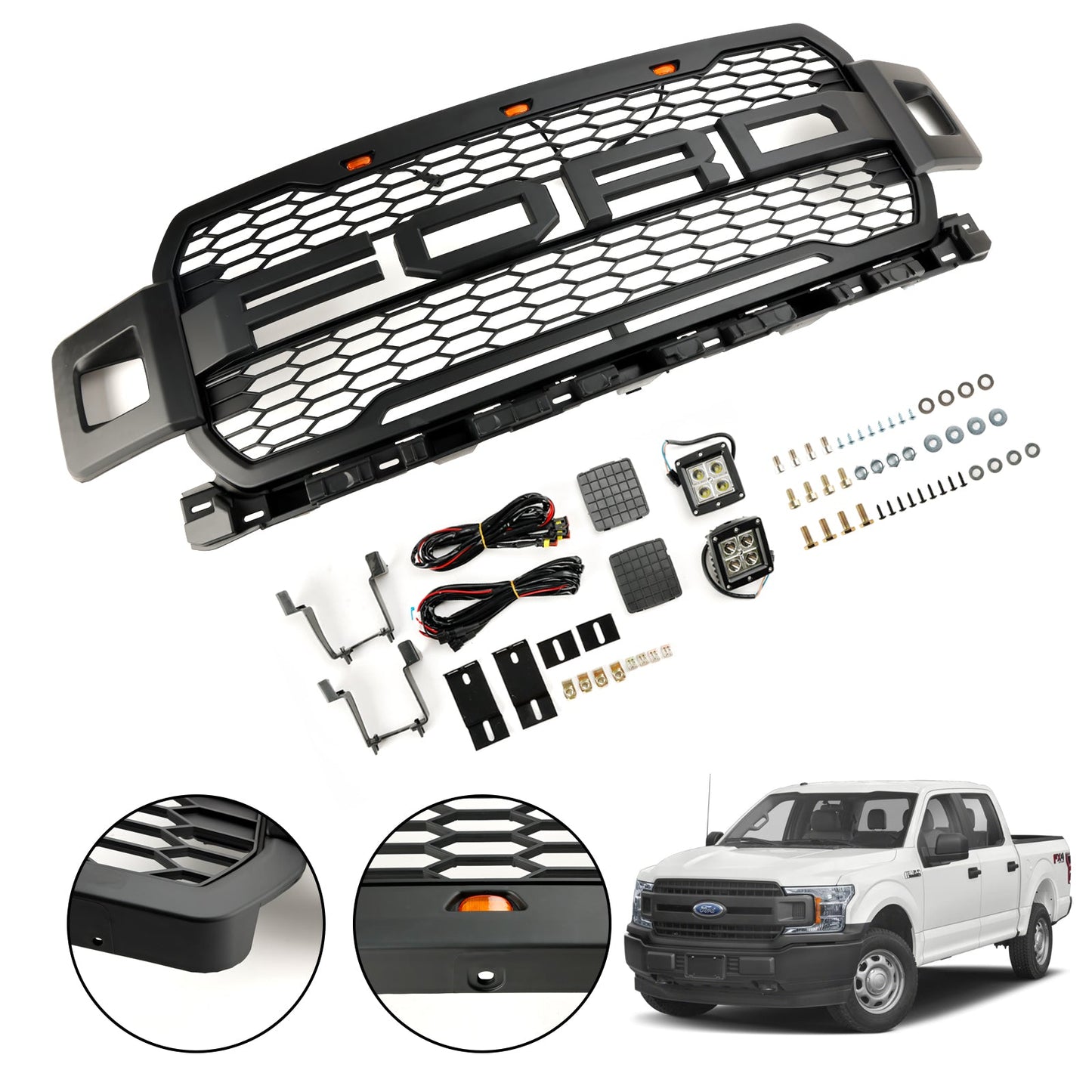 2018-2020 Raptor Style Ford F 150 Matt Black Front Grille Air Intake Radiator Bumper Honeycomb Grill + LED light