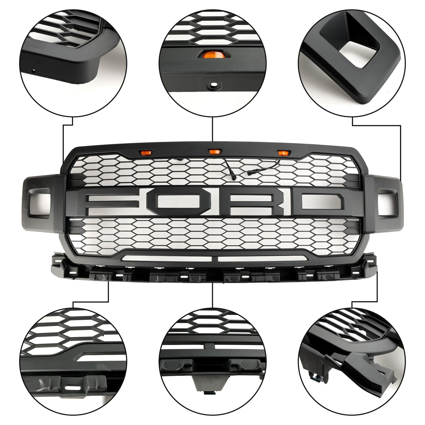 2018-2020 Ford F-150 Raptor Style Front Bumper Grill Replacement Black Grille W/ LED