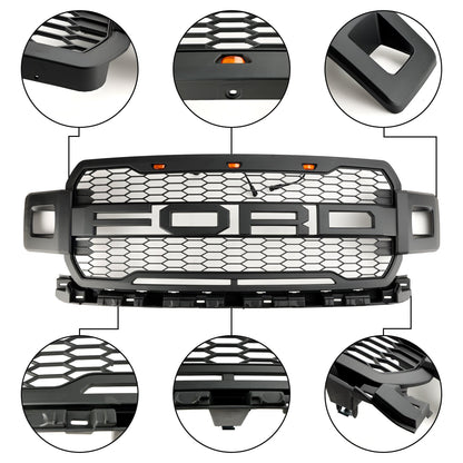 2018-2020 Ford F-150 Raptor Style Front Bumper Grill Replacement Black Grille W/ LED